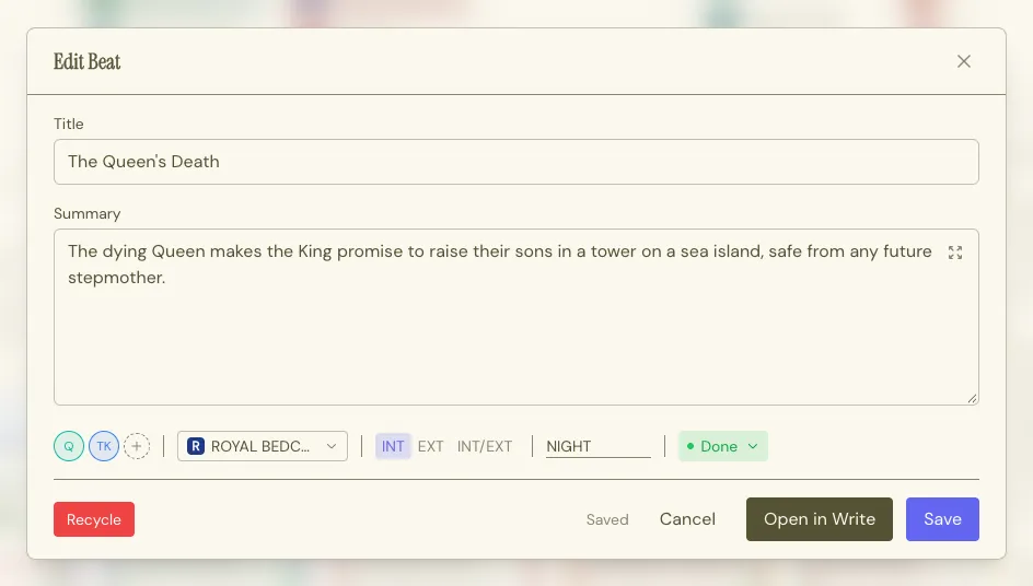 The Beat editor: title, summary, cast, Setting, INT/EXT and time of day, and status