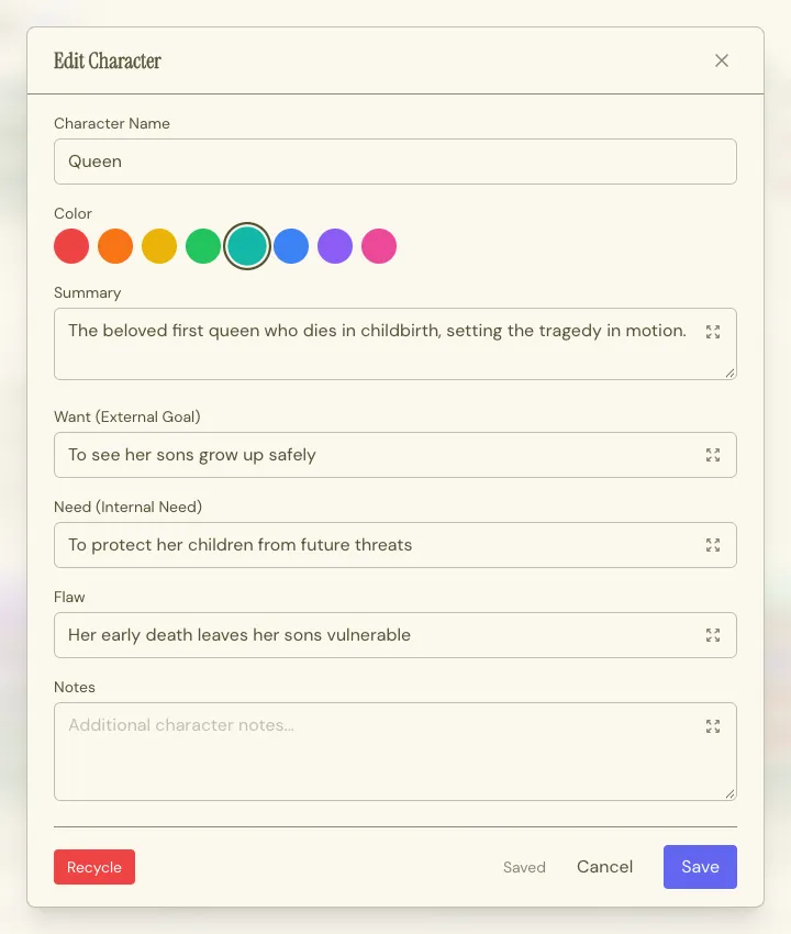 The Character editor: name, color, summary, Want, Need, and Flaw