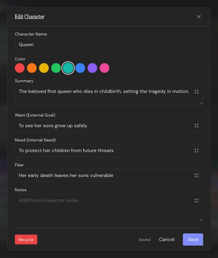 The Character editor: name, color, summary, Want, Need, and Flaw