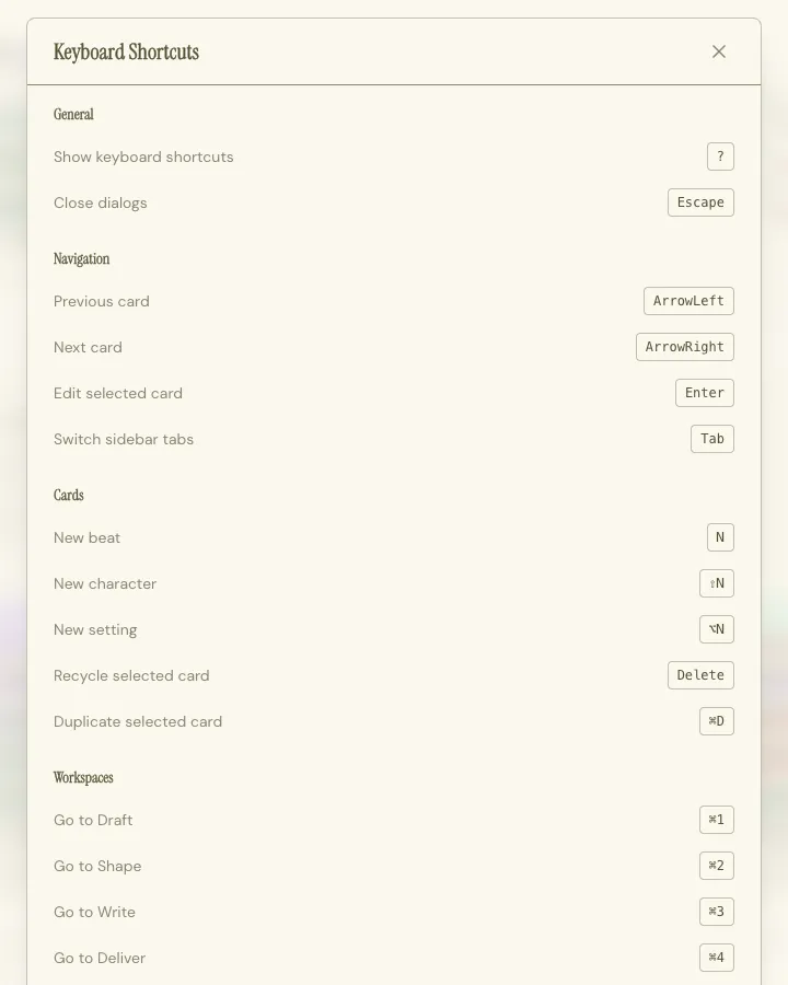 The Keyboard Shortcuts modal, listing every shortcut by category