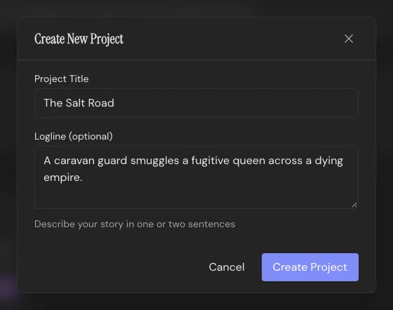 The New Project dialog: title and an optional logline