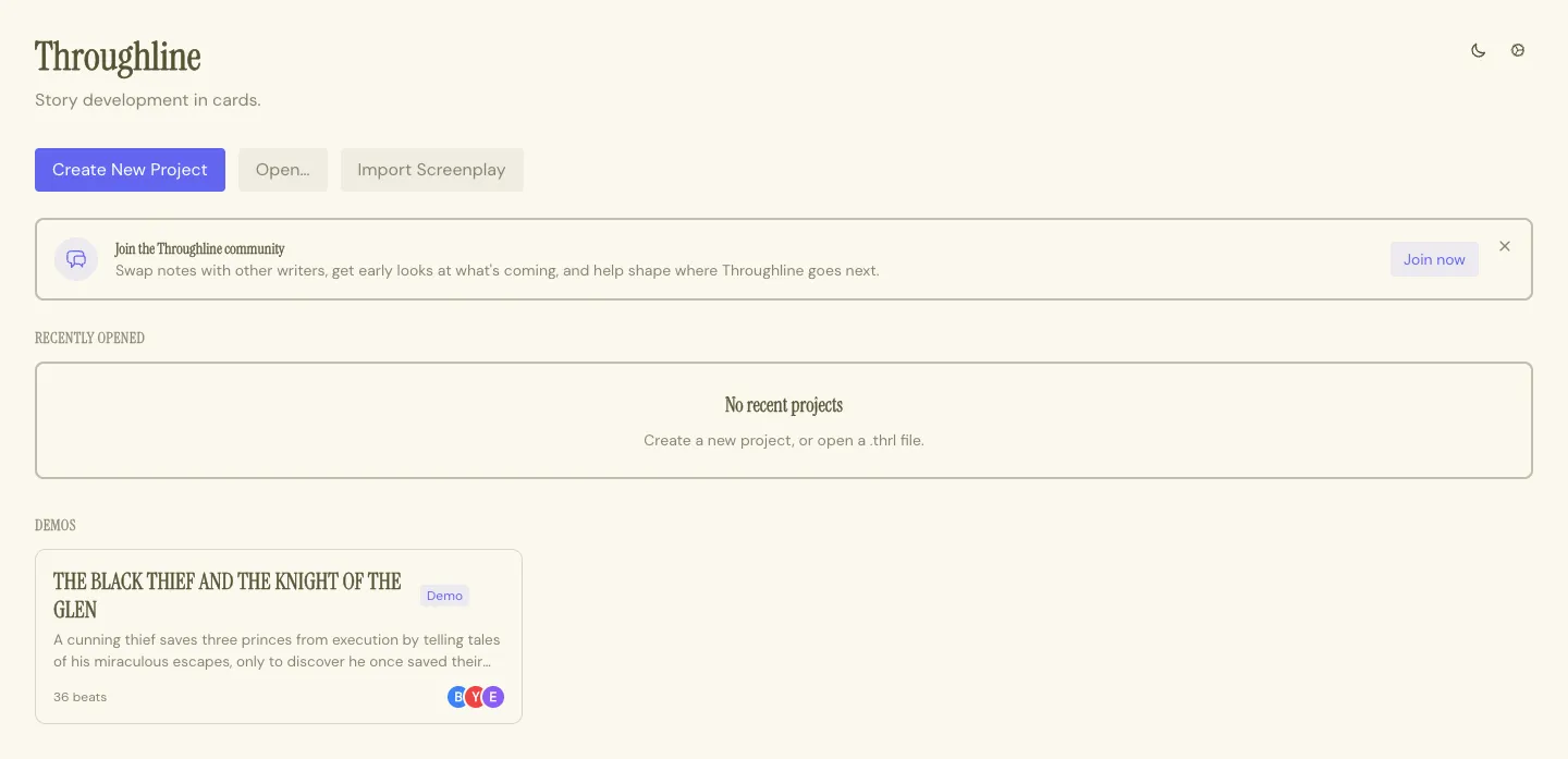 The Throughline App's project list, showing the bundled demo project