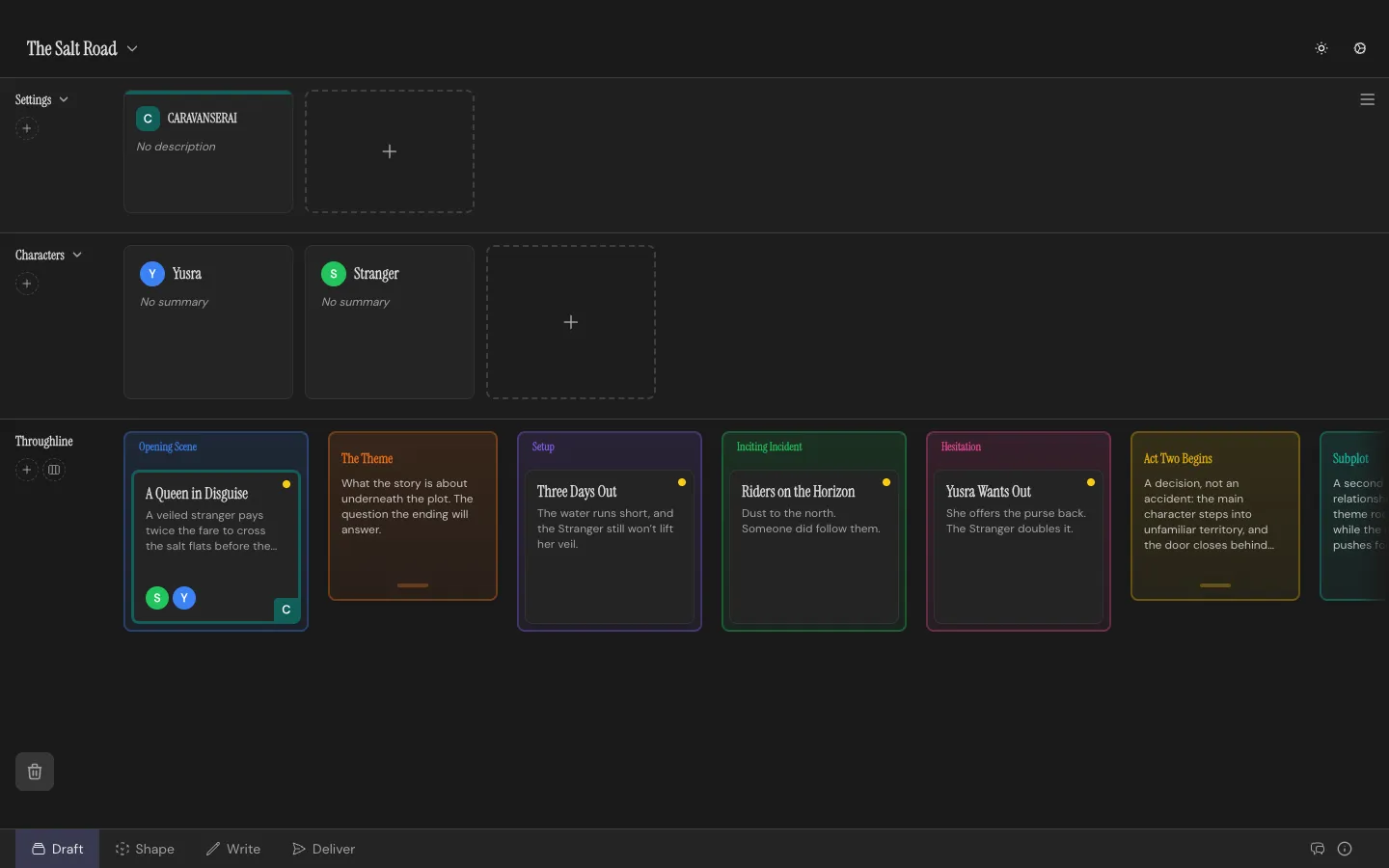 The Draft Workspace: four scenes stacked under the first Structure Cards of the 15 Beats deck, with their Setting and Characters in the rows above