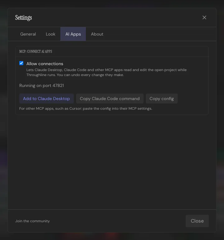 The AI Apps tab in Settings: Allow connections turned on, the running status, and the Copy config button