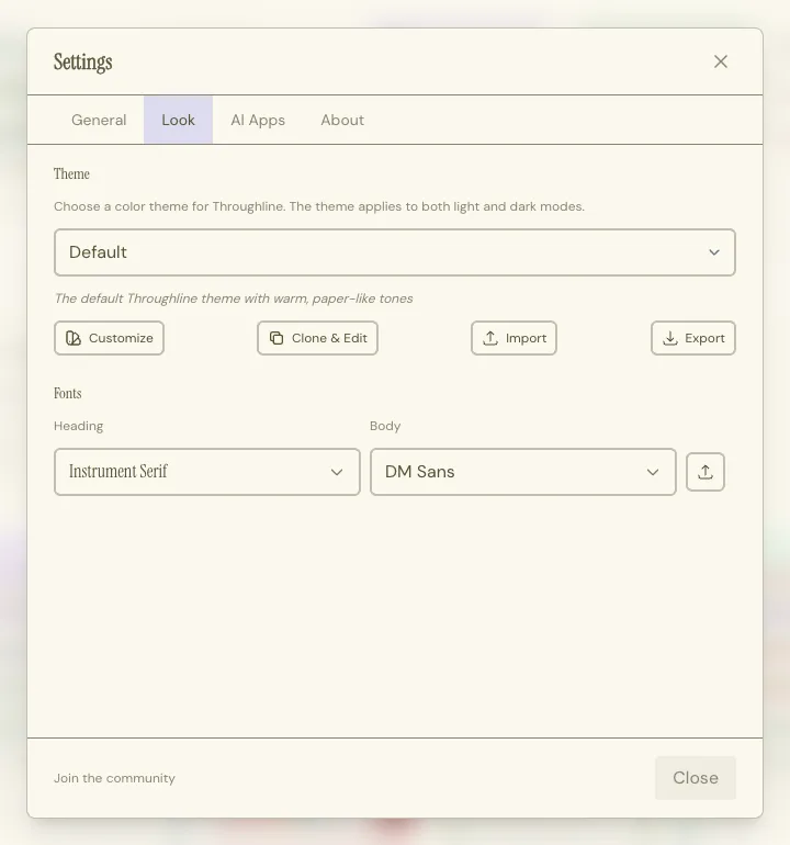 The Settings window on the Look tab, showing the theme and font pickers