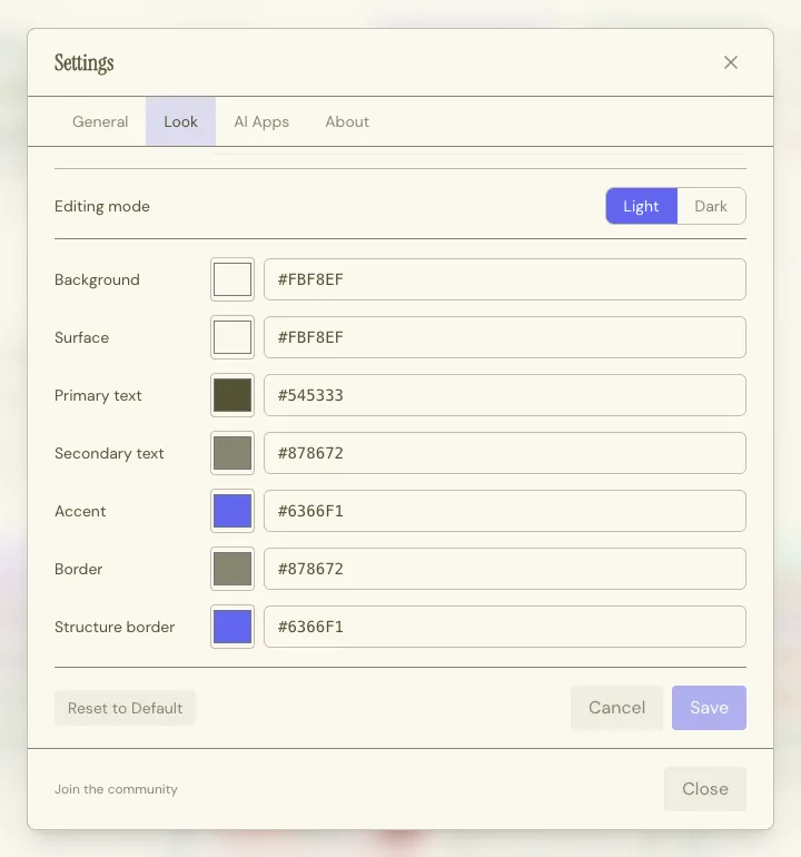 The theme color editor, with every token exposed as a hex value