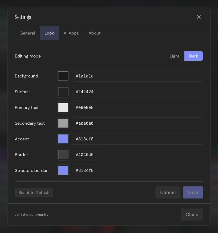 The theme color editor, with every token exposed as a hex value